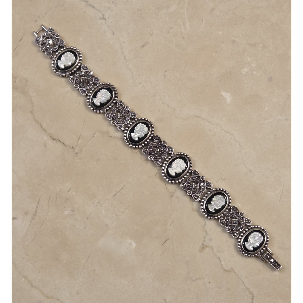 Vintage Victorian Sterling Onyx, Mother‎ of Pearl & Marcasite Cameo Bracelet 7"